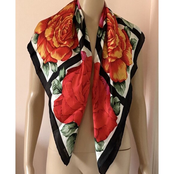 Bill Blass Gorgeous Bright Bold Colorful Roses Hand Rolled Edges 33" x 33" sq - Picture 2 of 5